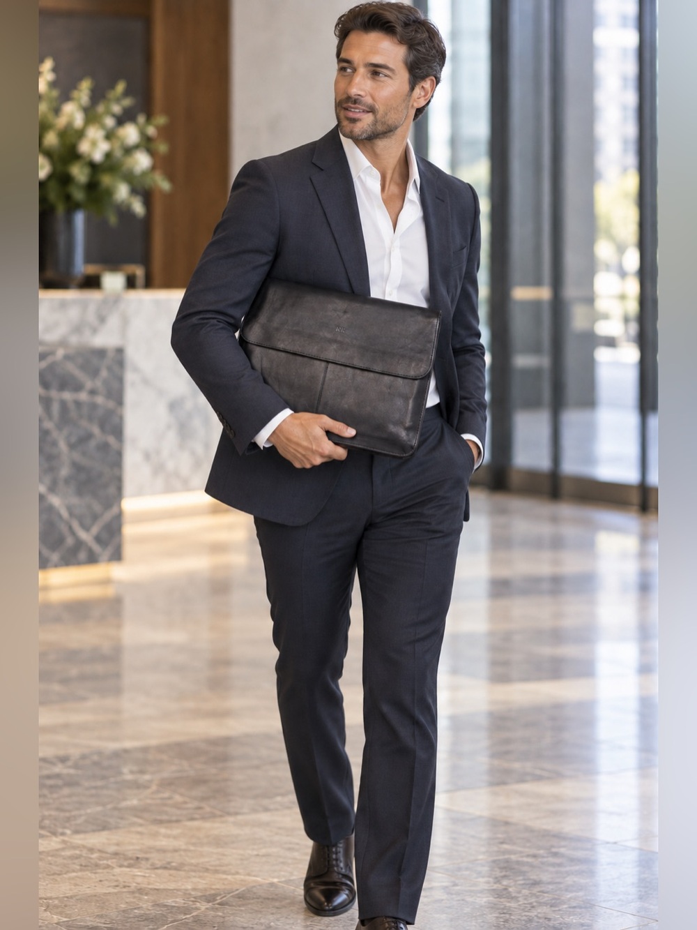 PIEL Leather Black Portfolio Briefcase Document Organizer Monogram RK